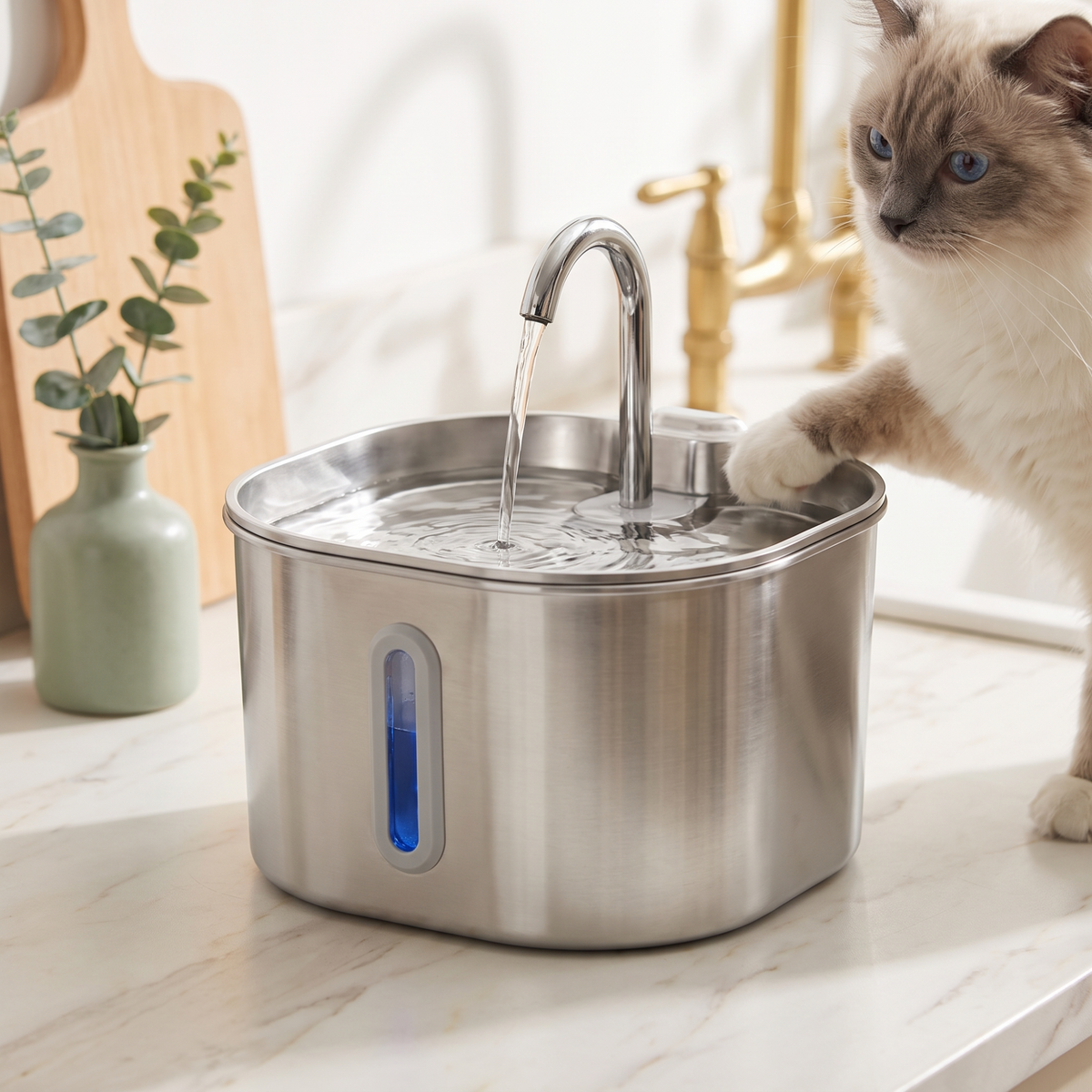 Stainless Steel Cat Water Fountain, 3.2L/108Oz, 4 Filters, 4 Sponges & Mat