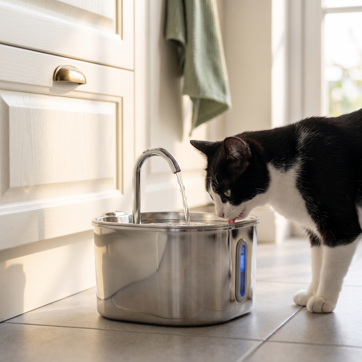 Stainless Steel Cat Water Fountain, 3.2L/108Oz, 4 Filters, 4 Sponges & Mat