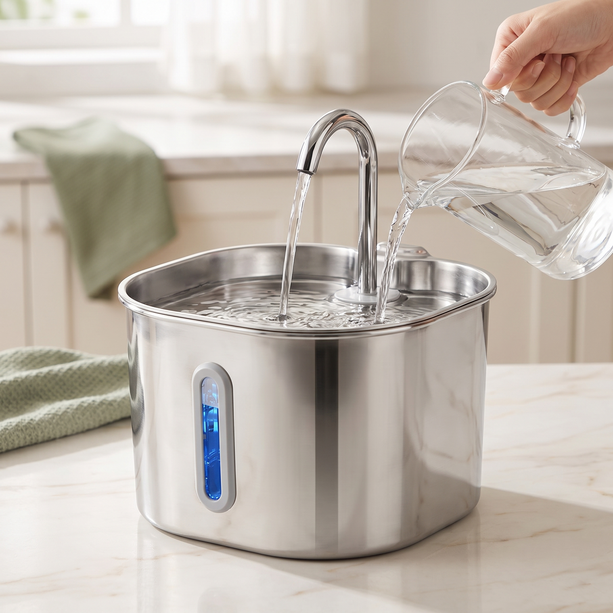 Stainless Steel Cat Water Fountain, 3.2L/108Oz, 4 Filters, 4 Sponges & Mat