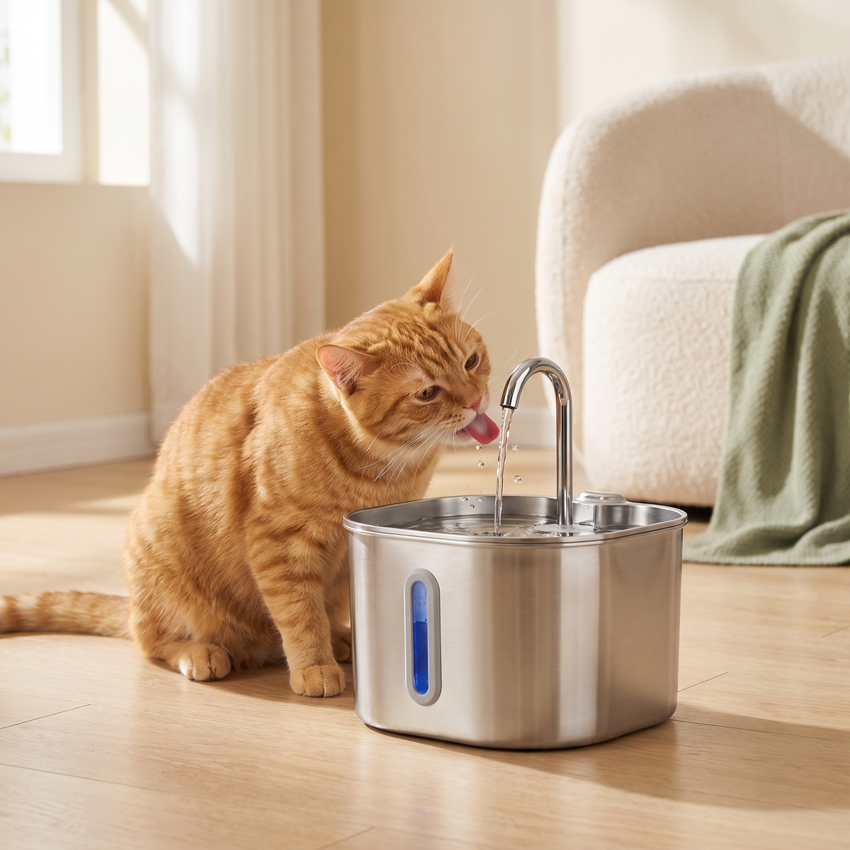 Stainless Steel Cat Water Fountain, 3.2L/108Oz, 4 Filters, 4 Sponges & Mat